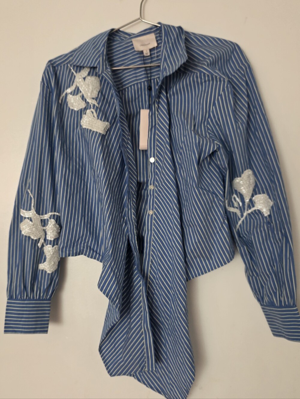 cinq à sept Blue and White Striped Tie-Front Shirt with Beaded Floral - Picture 2 of 12